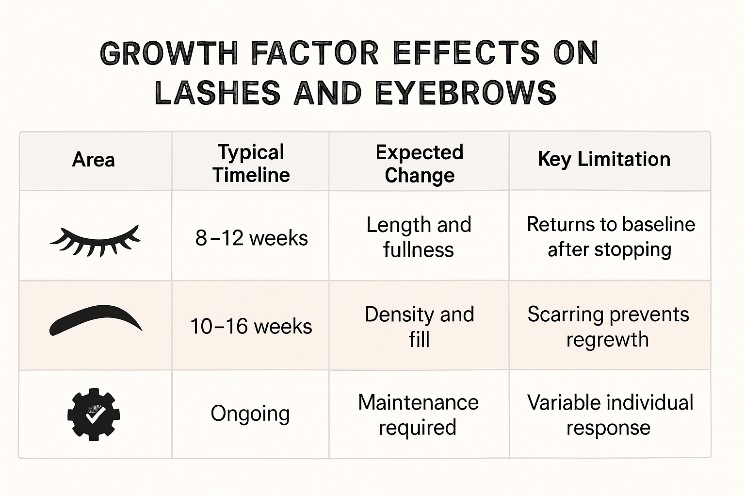Comparison table showing growth factor treatment effects on lashes and eyebrows with timelines, expected changes, and limitations.