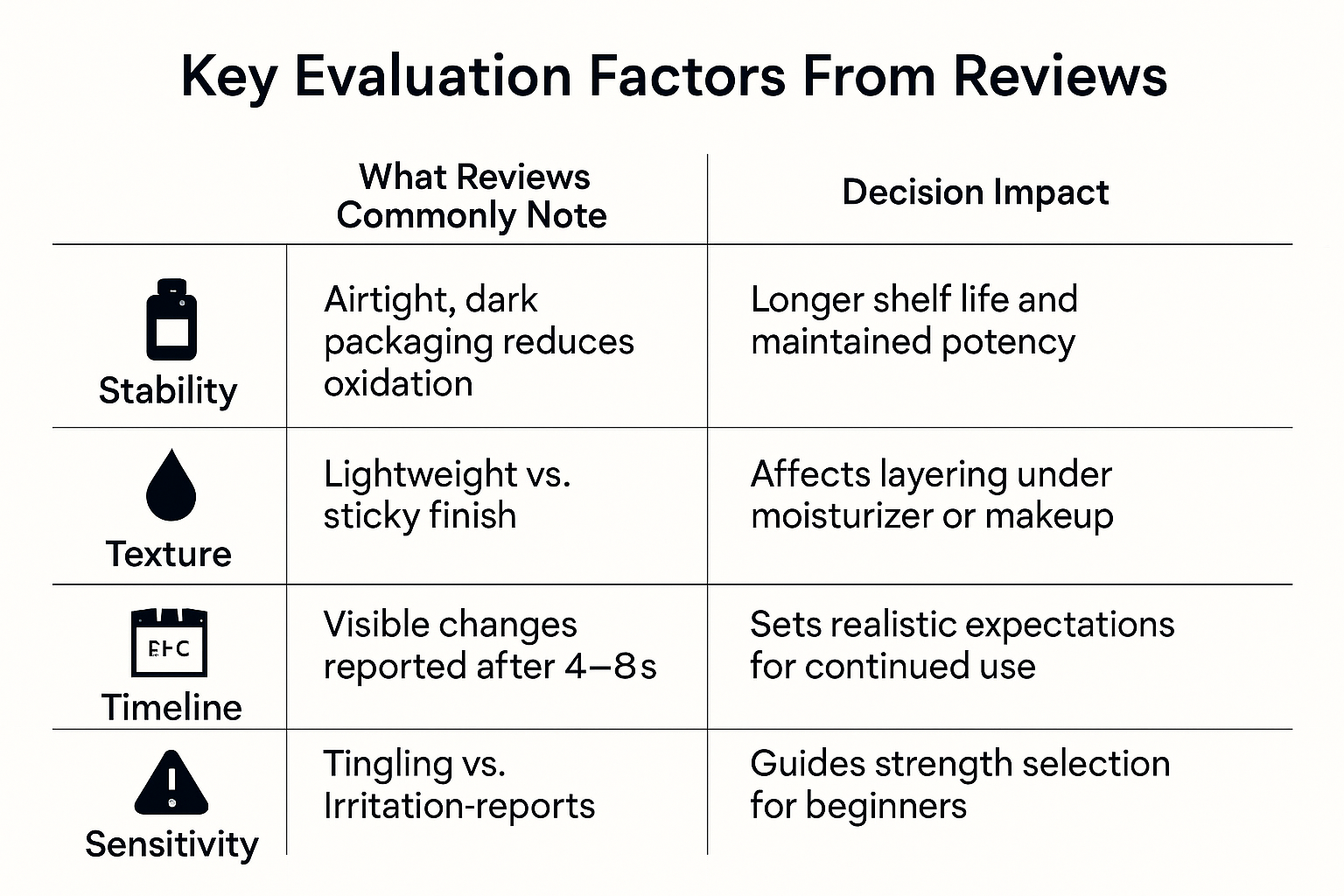 Comparison chart of key evaluation factors from 2018 Vitamin C growth serum reviews: Stability with airtight dark packaging leading to longer shelf life, Texture ranging from lightweight to sticky finishes affecting layering, Timeline showing visible changes after 4 to 8 weeks, Sensitivity describing tingling versus irritation impacts on product strength choice.