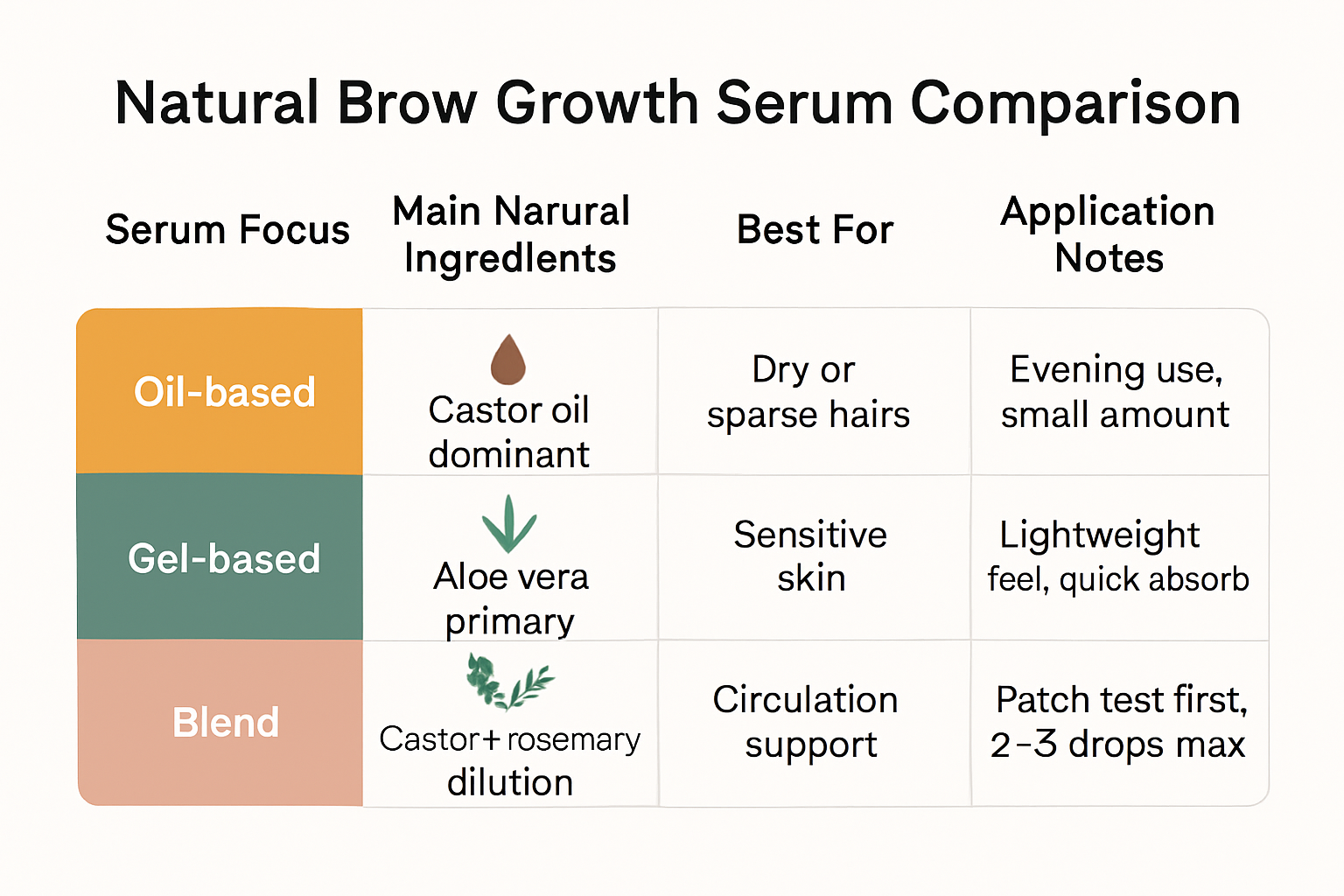 Comparison table infographic showing three types of natural brow growth serums with their key ingredients, target users, and application notes.