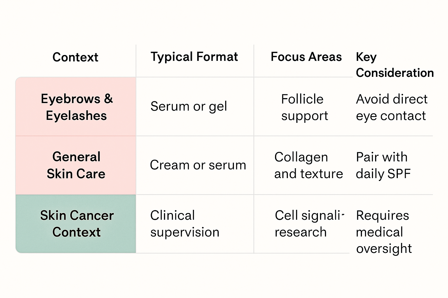 Comparison table infographic showing application contexts of May Growth Factor with details on formats, focus areas, and important considerations.