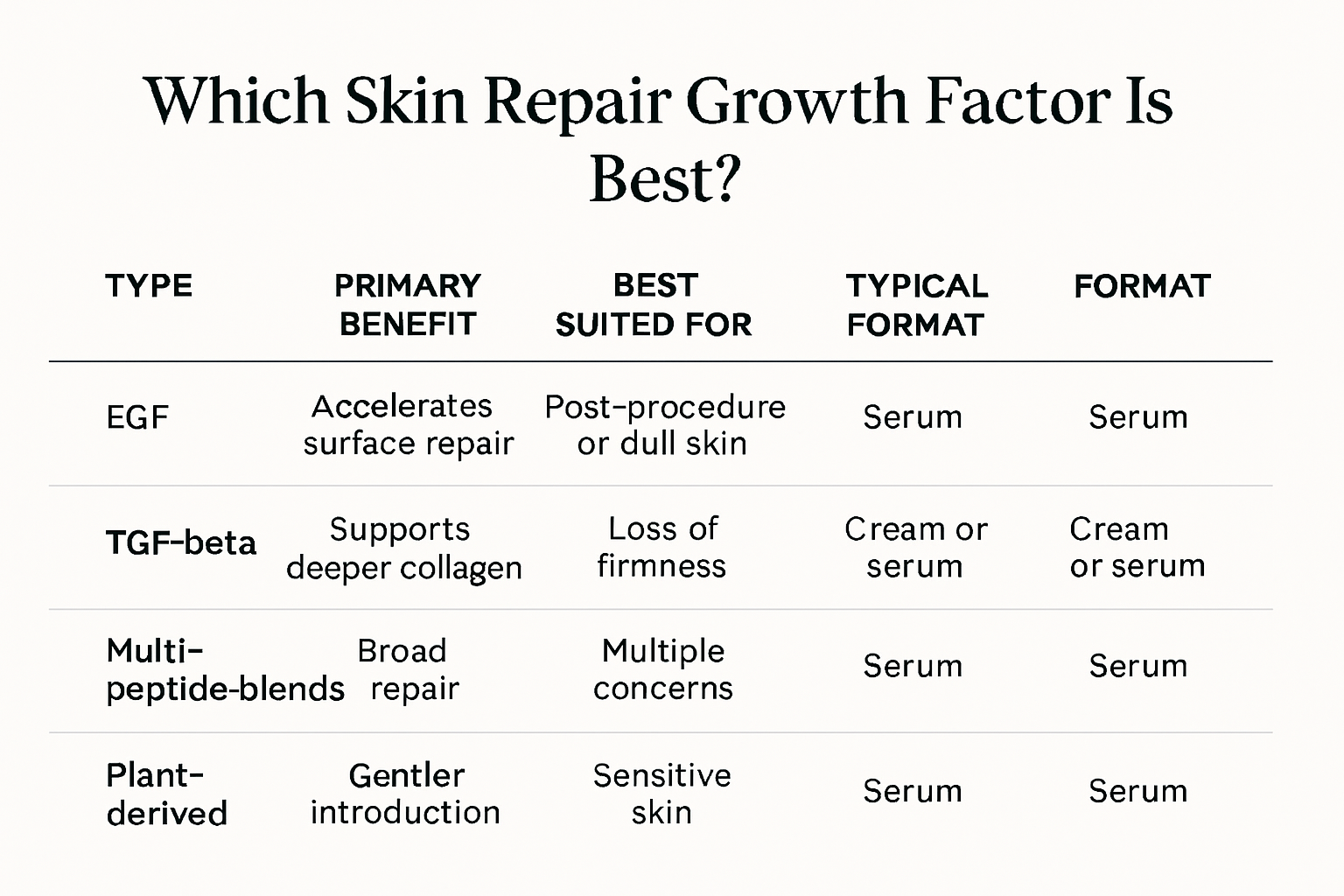 Comparison table showing types of skin repair growth factors, their primary benefits, best suited skin concerns, and typical serum or cream formats.